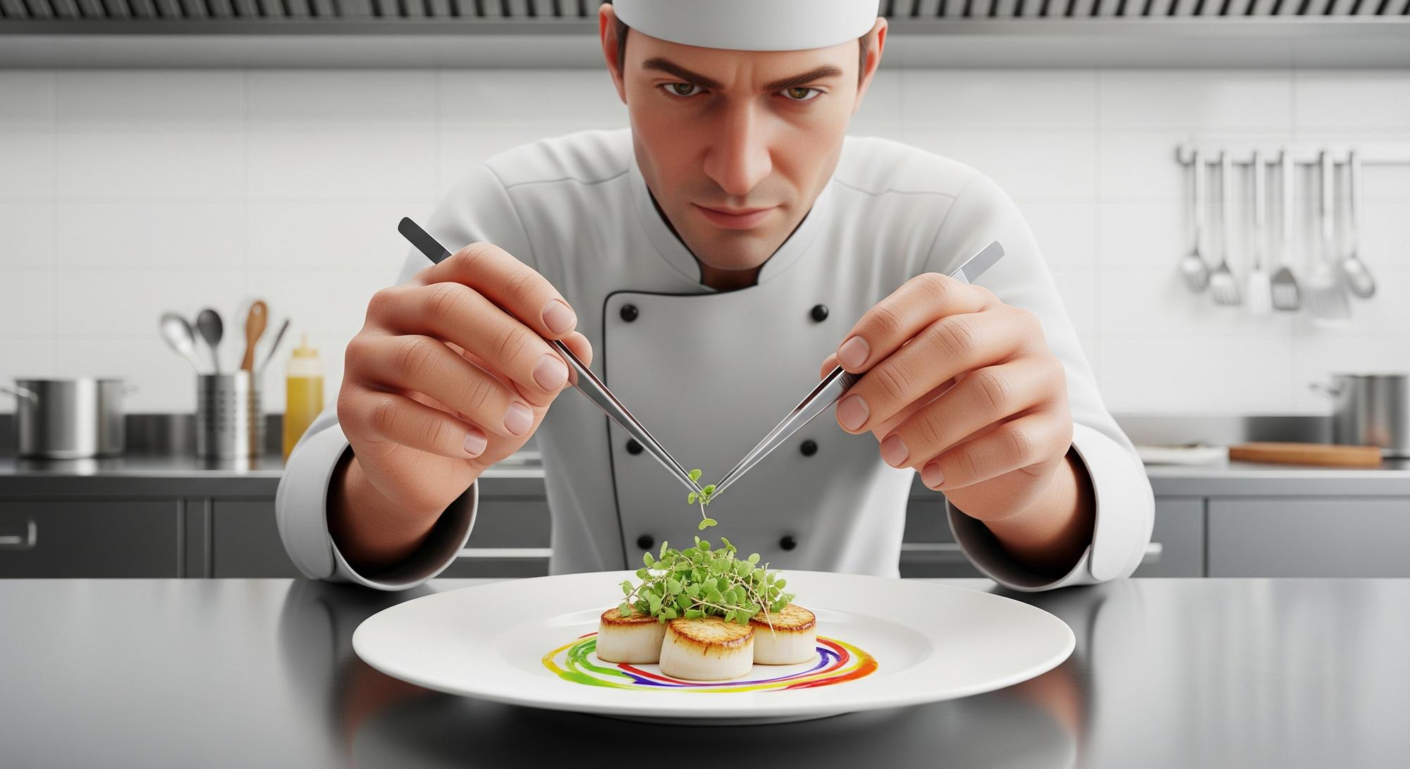 Instructor plating modern dish in a futuristic kitchen